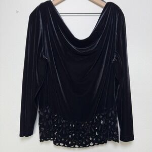 KM Collection Women Velvet Top 3X Black Off the Shoulder Cowl‎ Eyelet Party